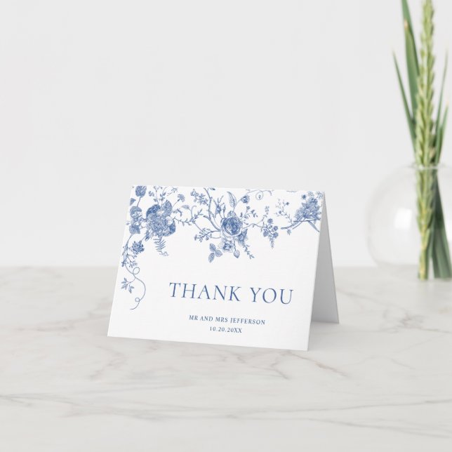 Elegante Viktorianisch Blue French Floral Wedding Dankeskarte (Vorderseite)