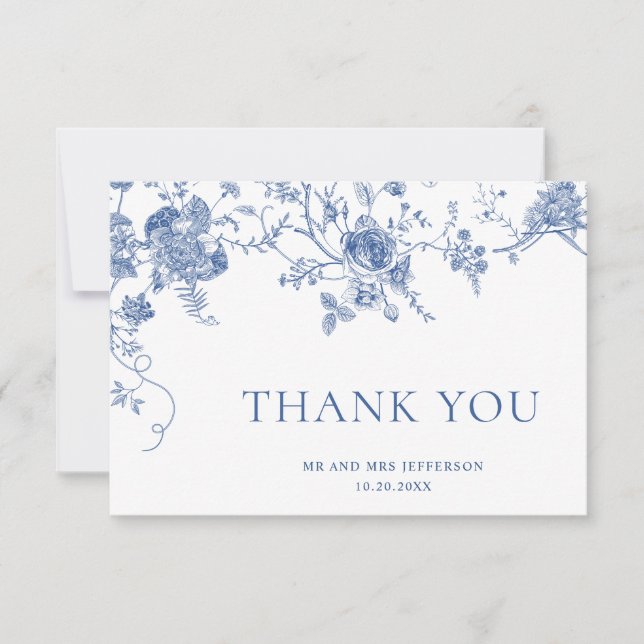 Elegante Viktorianisch Blue French Floral Wedding Dankeskarte (Vorderseite)