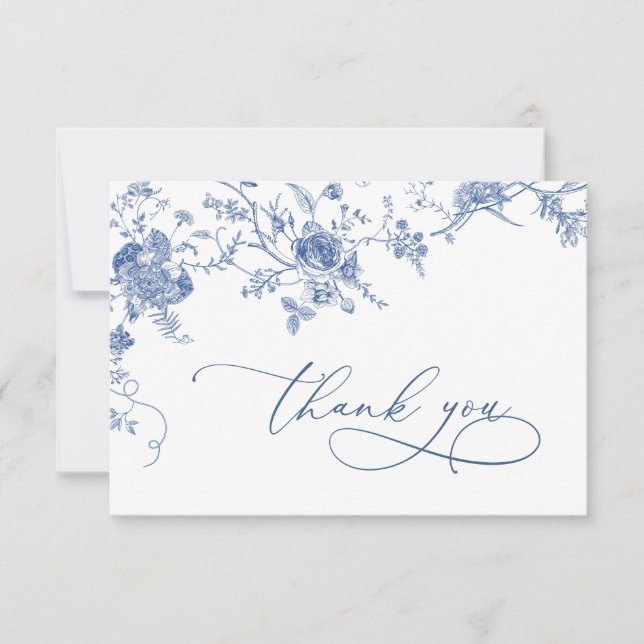 Elegante Viktorianisch Blue French Floral Wedding Dankeskarte (Vorderseite)