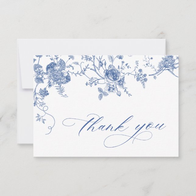 Elegante Viktorianisch Blue French Floral Wedding Dankeskarte (Vorderseite)
