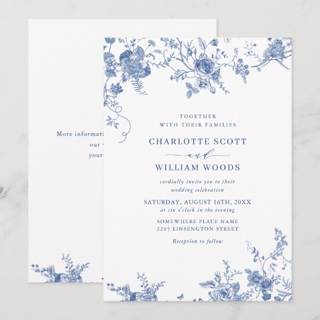Elegante Viktorianisch Blue French Floral Wedding Einladung (Vorne/Hinten)