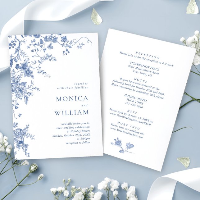Elegante Viktorianisch Blue French Floral Wedding Einladung (Von Creator hochgeladen)
