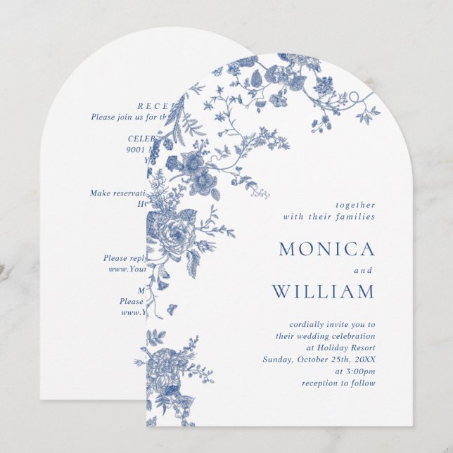 Elegante Viktorianisch Blue French Floral Wedding Einladung (Vorne/Hinten)