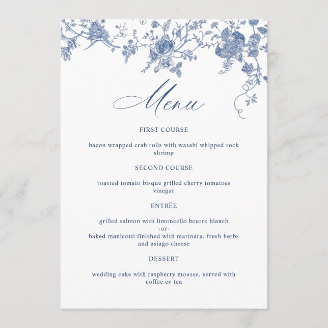 Elegante Viktorianisch Blue French Floral Wedding Menükarte (Vorderseite)