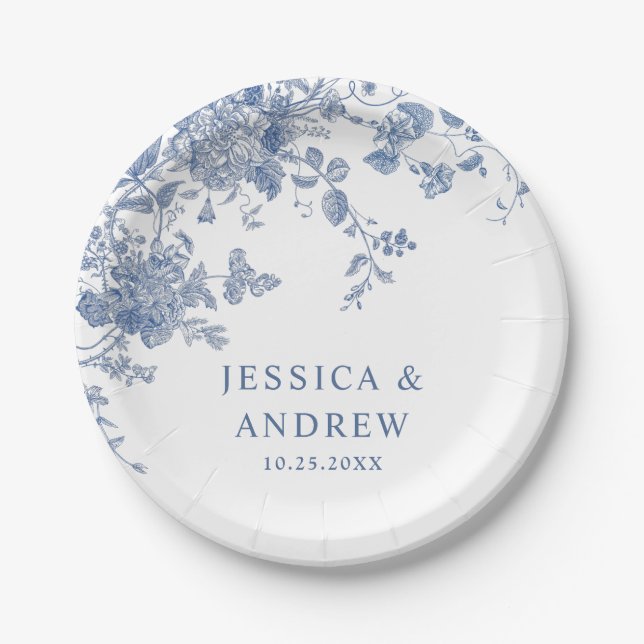Elegante Viktorianisch Blue French Floral Wedding Pappteller (Vorderseite)