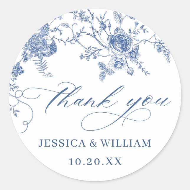 Elegante Viktorianisch Blue French Floral Wedding Runder Aufkleber (Vorderseite)