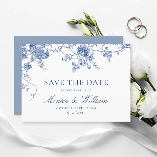 Elegante Viktorianisch Blue French Floral Wedding Save The Date (Von Creator hochgeladen)