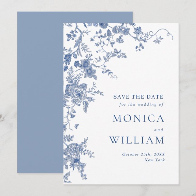 Elegante Viktorianisch Blue French Floral Wedding Save The Date (Vorne/Hinten)