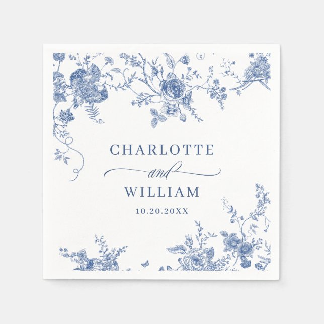 Elegante Viktorianisch Blue French Floral Wedding Serviette (Vorderseite)