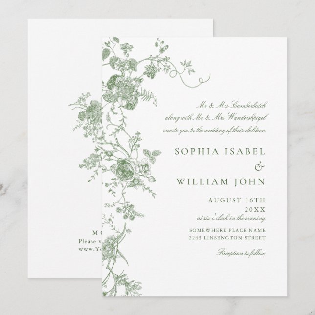 Elegante Viktorianisch Sage Green French Floral We Einladung (Vorne/Hinten)