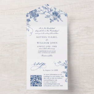Elegante viktorianische blaue französische Blumelh All In One Einladung