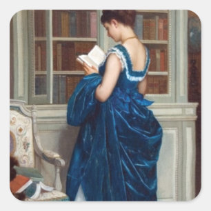 Elegante viktorianische Frau beim Lesen in der Bib Quadratischer Aufkleber