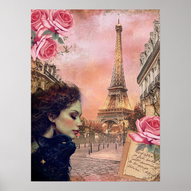 Elegante Viktorianische Girl & Black Cat in Paris Poster (Vorne)