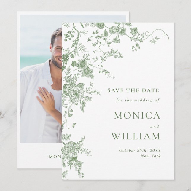 Elegante Viktorianische Hochzeit der Grünen Franzö Save The Date (Vorne/Hinten)