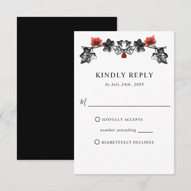 Elegante Viktorianische Hochzeit in Schwarz und Ro RSVP Karte (Vorne/Hinten)