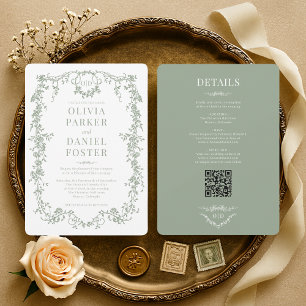Elegante viktorianische QR-Code-Hochzeit in Salbei Einladung
