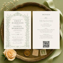 Elegante viktorianische Sage-Grün-QR-Code-Hochzeit