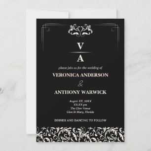 Elegante Viktorianische Schwarz-Weiß-Blumenhochzei Einladung