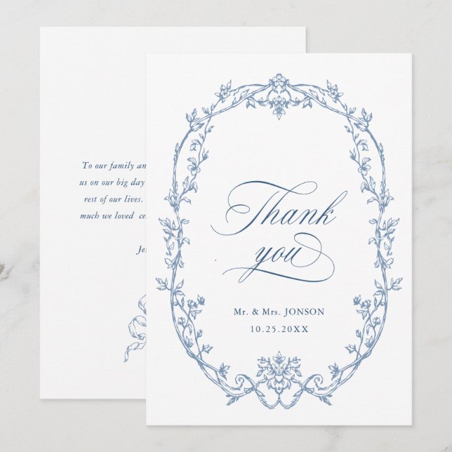 Elegante Viktorianische Verzierte Blumendusty Blue Dankeskarte (Vorne/Hinten)