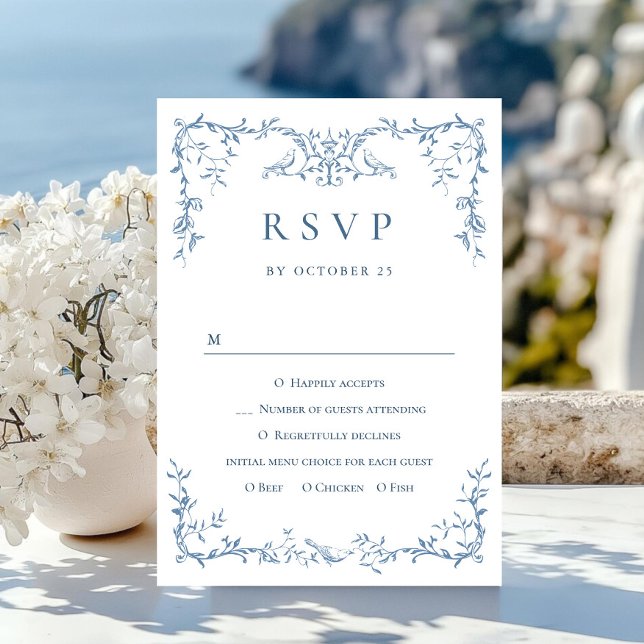 Elegante Viktorianische Verzierte Blumendusty Blue RSVP Karte (Von Creator hochgeladen)