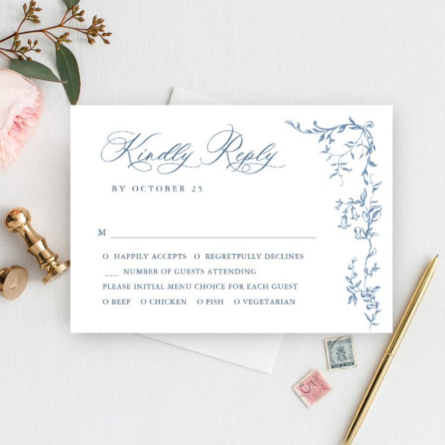 Elegante Viktorianische Verzierte Blumendusty Blue RSVP Karte (Von Creator hochgeladen)