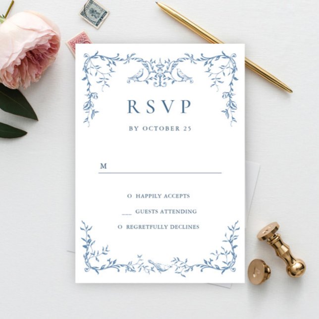 Elegante Viktorianische Verzierte Blumendusty Blue RSVP Karte (Von Creator hochgeladen)