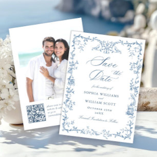Elegante Viktorianische Verzierte Blumendusty Blue Save The Date