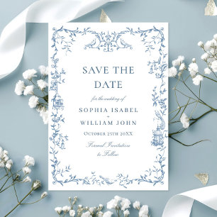 Elegante Viktorianische Verzierte Blumendusty Blue Save The Date