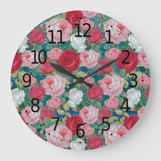 Elegante Viktorianische Wasserfarben Rot und Rosa  Große Wanduhr (Vorderseite)
