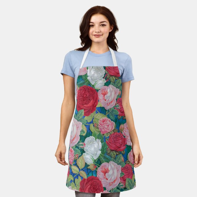 Elegante Viktorianische Wasserfarben Rot und Rosa  Schürze (Getragen)