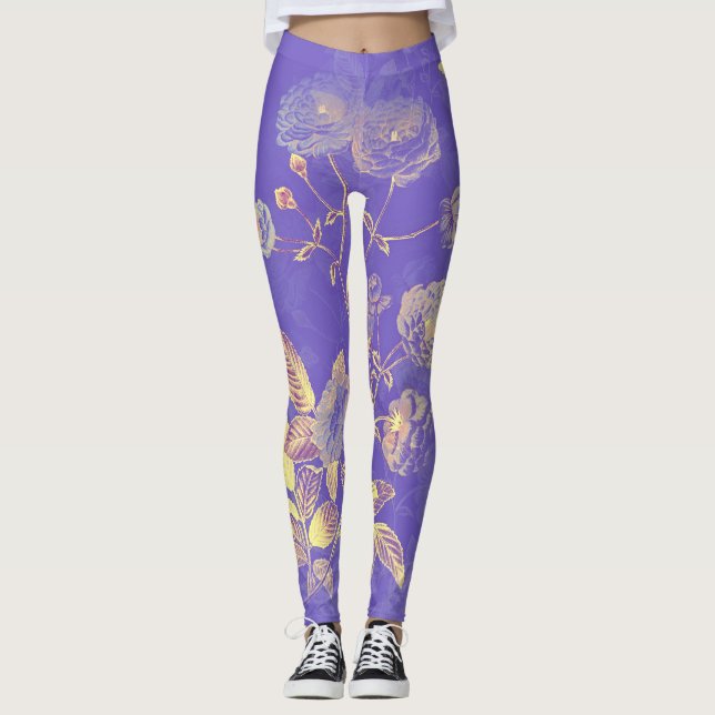 Elegante Vintag Blue Gold Floral Illustration Leggings (Vorderseite)