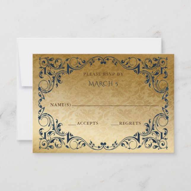 Elegante Vintag Blue Gold RSVP Card Karte (Vorderseite)