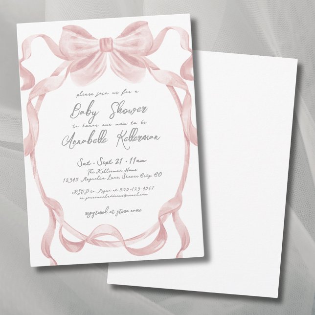 Elegante Vintag Blush Pink Bow Baby Dusche Einladung (Elegant Vintage Blush Pink Bow Baby Shower Invitation)