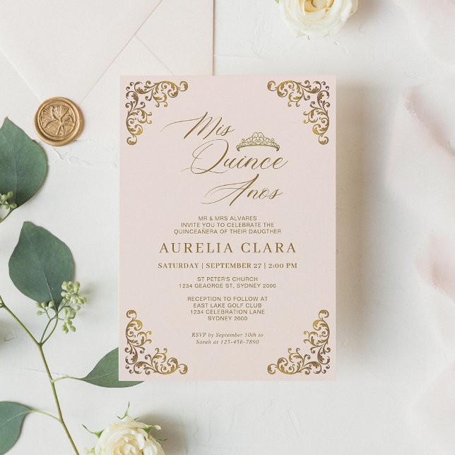Elegante Vintag Blush Pink Gold Mis Quinceañera Einladung (Von Creator hochgeladen)