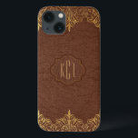 Elegante Vintag-braune Ledergoldakzente iPhone 13 Hülle<br><div class="desc">Elegante Vintage Brauntöne Imitat Leder mit goldenen Farbtönen Blumen Spitzen Akzente. Individuell anpassbare Monogramme sind optional.</div>