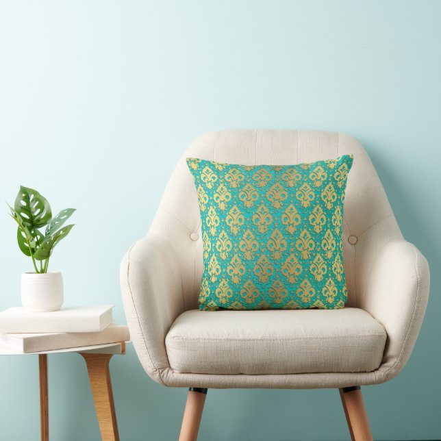 Elegante Vintag Chic Aquamarin Gold Damask Kissen (Stuhl )