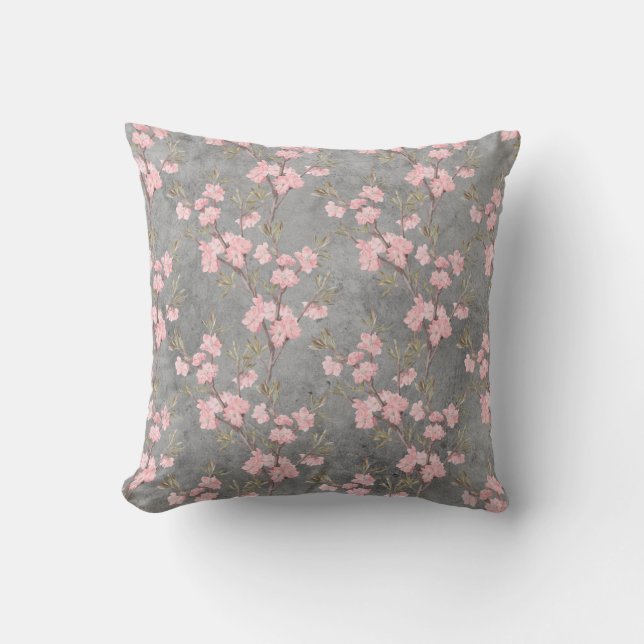 Elegante Vintag Delicate Rosa Blume Grau Kissen (Vorderseite)