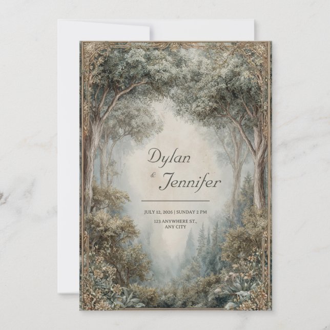 Elegante Vintag Forest Gold Rahmen Hochzeit Einladung (Vorderseite)