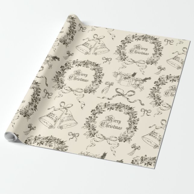 Elegante Vintag frohe Weihnachtsbäume Beige Toile Geschenkpapier (Ungerollt)