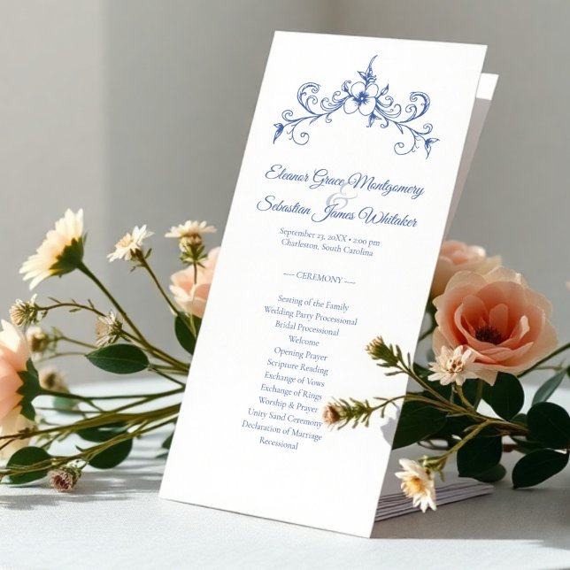Elegante Vintag Romance Blue Wedding Program Card Menükarte (Von Creator hochgeladen)