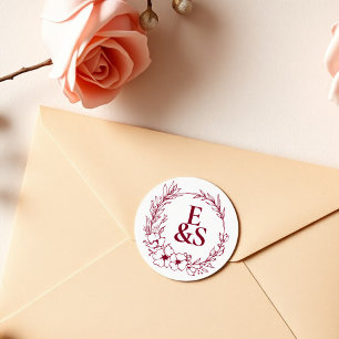 Elegante Vintag Romance Burgundy Monogram Wedding Runder Aufkleber