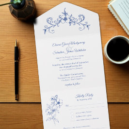 Elegante Vintag Romance Dusty Blue Floral Wedding All In One Einladung