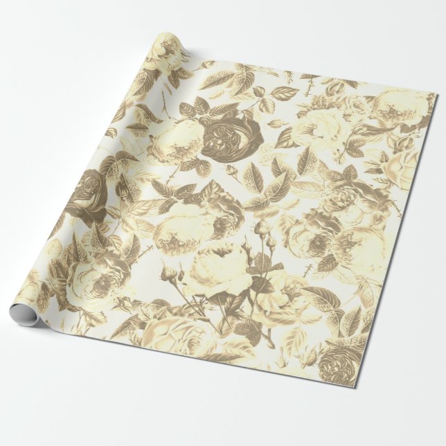 Elegante Vintag Toile Chic Sepia Beige Rose Geschenkpapier (Ungerollt)