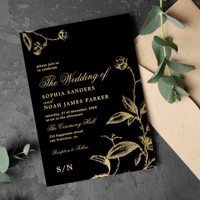 Elegante Vintage antike Hochzeit in schwarzem Gold Einladung (Von Creator hochgeladen)
