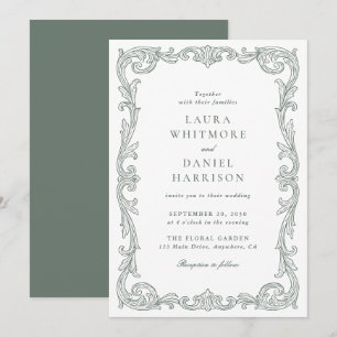 Elegante Vintage Barockrahmen Hochzeit in Salbeigr Einladung
