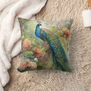 Elegante Vintage Blau Grün Pfau Rosa Blumen Kissen