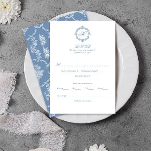 Elegante Vintage Blaue Toile Monogramm Hochzeit RSVP Karte
