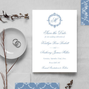 Elegante Vintage Blaue Toile Monogramm Hochzeit Save The Date