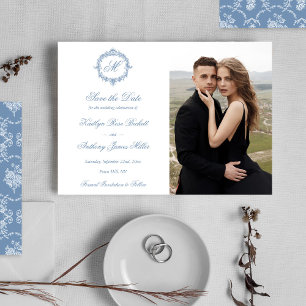 Elegante Vintage Blaue Toile Monogramm Hochzeitsfo Save The Date