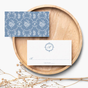 Elegante Vintage-Blue-Toile-Monogramm-Hochzeit Platzkarte